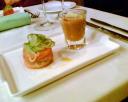 Torchon of Four Citrus Cured Salmon and Red Spotted Crab, Sweet Corn & Crab Chowder and an Avocado Foam